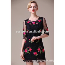 Hot Sale Half Sleeve Black Ladies Dress Women Casual Embroidered Dress